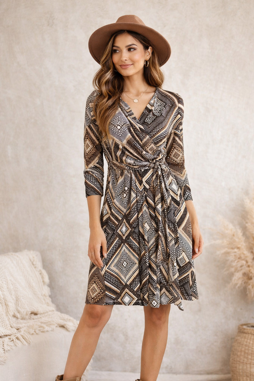 Charming Charlie Geometric Wrap Dress Boho Neutral 3/4 Sleeve Size Medium